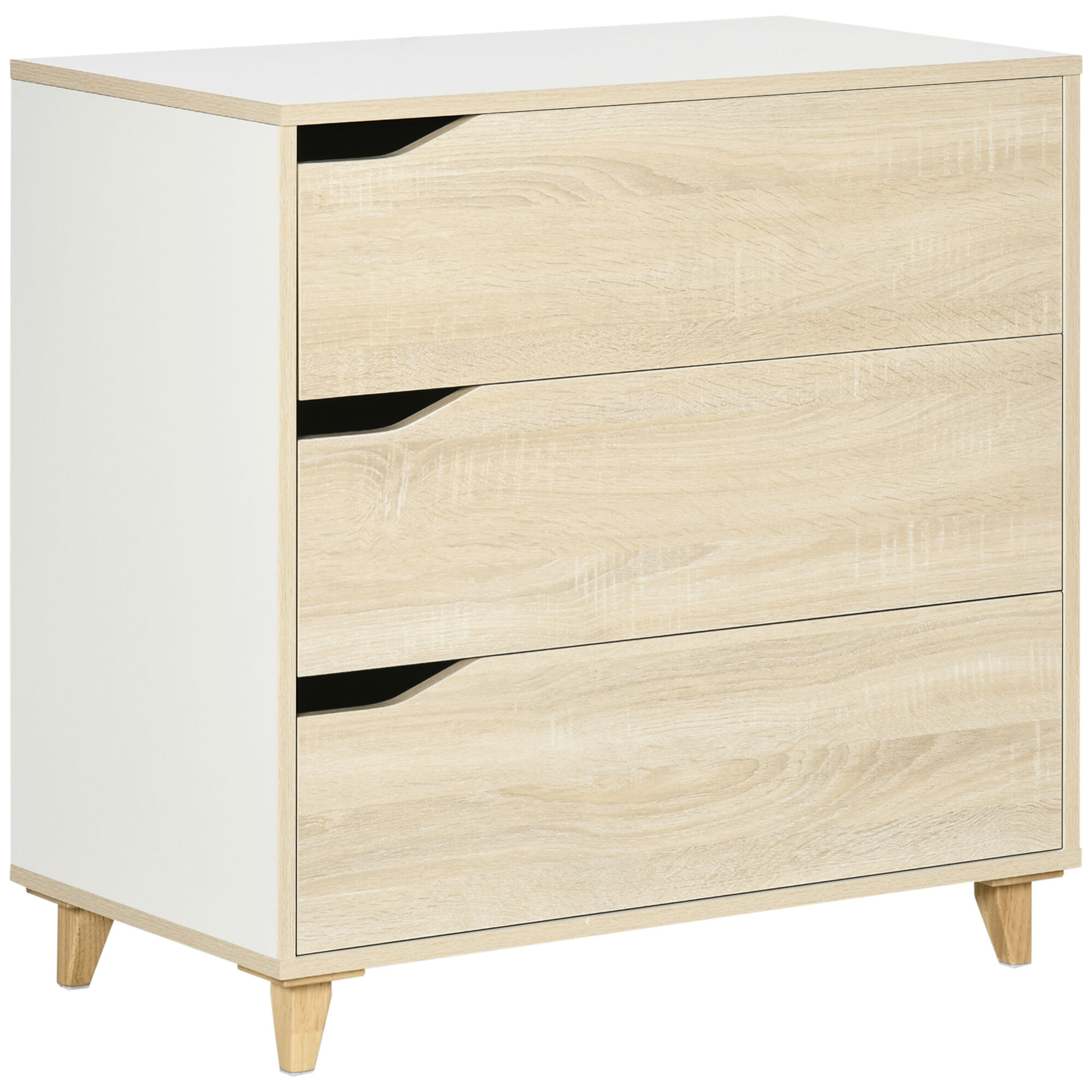 Commode design scandinave 3 tiroirs piètement effilé panneaux MDF blanc aspect bois clair