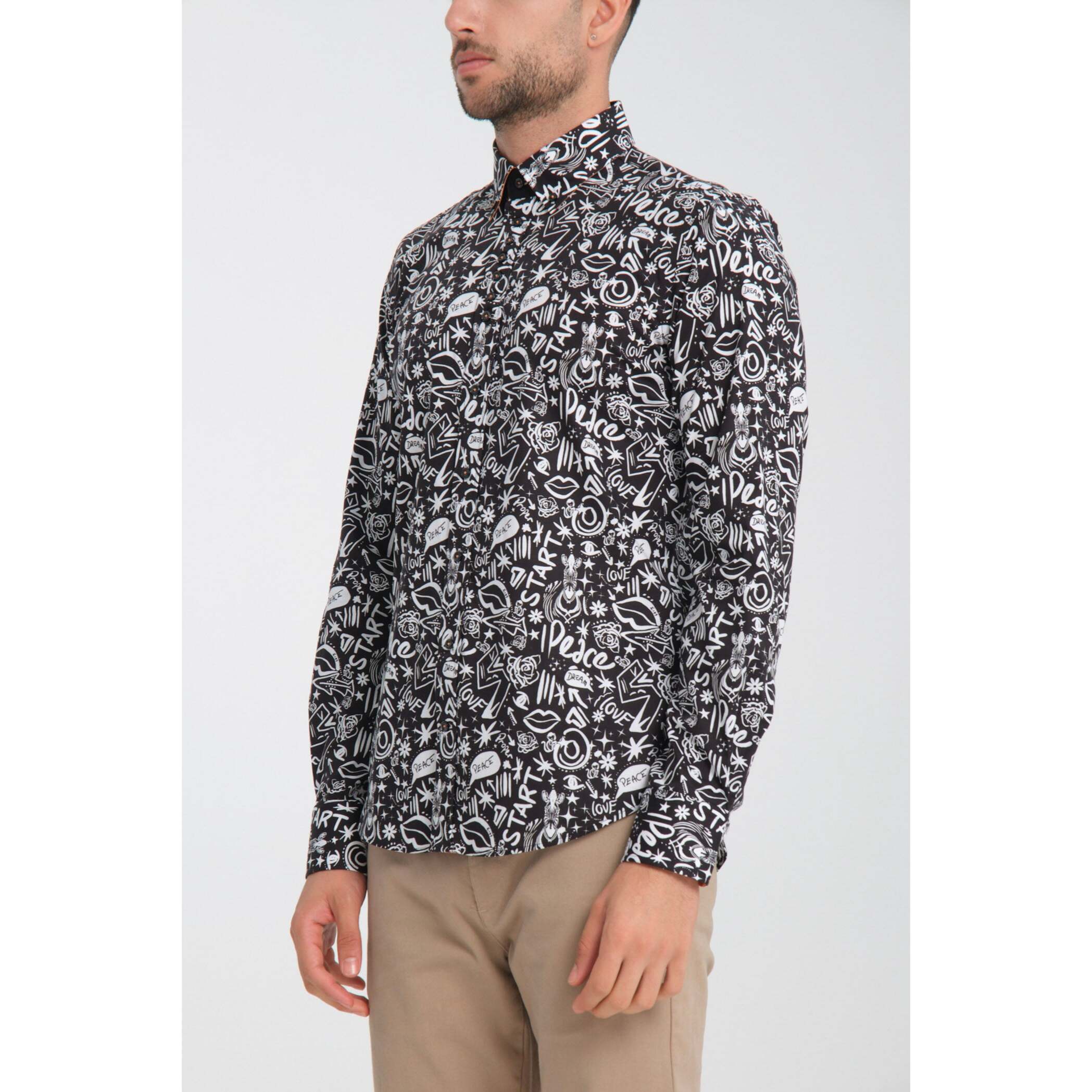 Camicia Uomo 1 Bottoni Button Down Slim Popeline Stretch Stampato Nero/Bianco