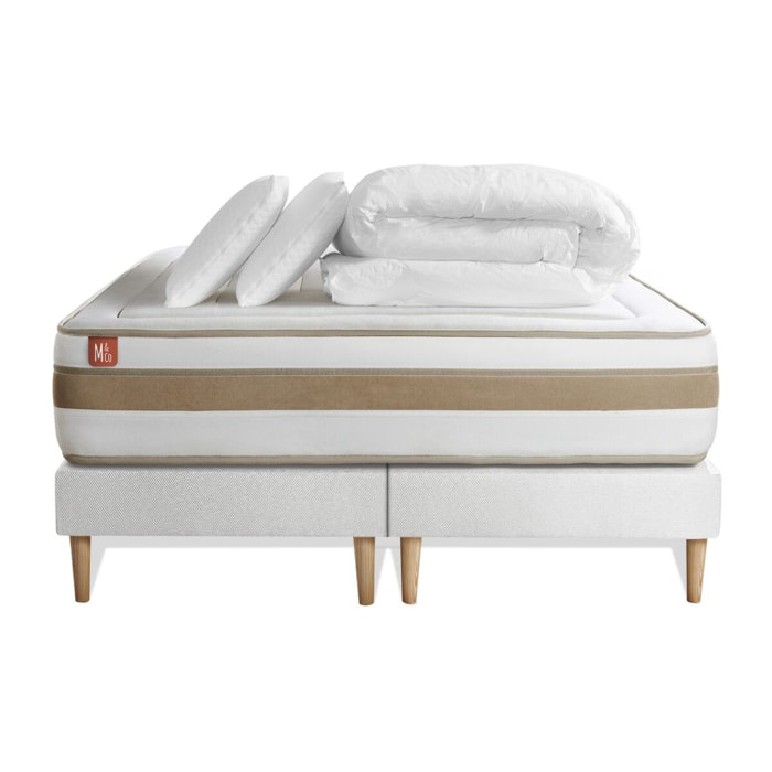 Pack Matelas Le Raffiné - 26cm - Ressorts ensachés et mémoire de forme - Confort haut de gamme, impact réduit. - Sommier Tapissier Blanc - Avec couette et oreillers
