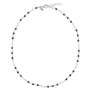 PERLAVIVA - Collana Rosario in Argento 925 placcato Oro Bianco 18Kt con Spinello Nero e Perle Bianche d'Acqua Dolce Ø 4 mm