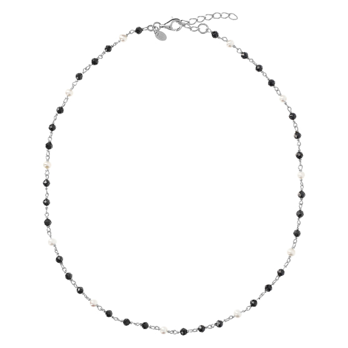 PERLAVIVA - Collana Rosario in Argento 925 placcato Oro Bianco 18Kt con Spinello Nero e Perle Bianche d'Acqua Dolce Ø 4 mm