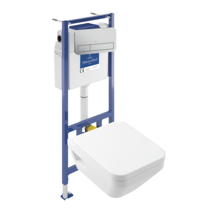Pack WC suspendu sans bride Villeroy & Boch Architectura Twistflush [e³] rectangle + bâti-support sol et mur + plaque chrome mat