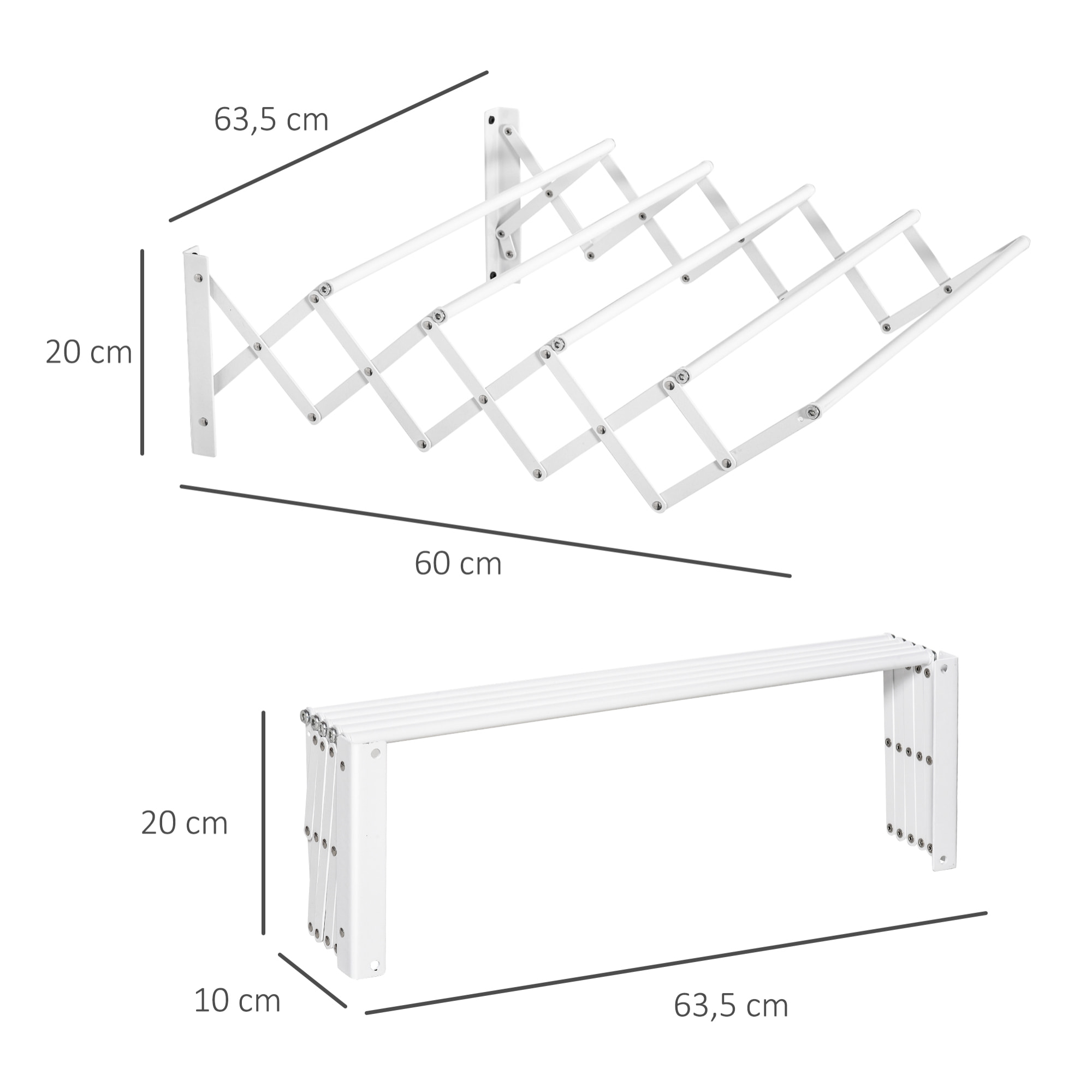 HOMCOM Tendedero de Pared Extensible de 63,5 cm Tendedero de Ropa de Metal con 5 Barras para Interior y Exterior Baño Balcón Carga 10 kg 63,5x60x20 cm Blanco