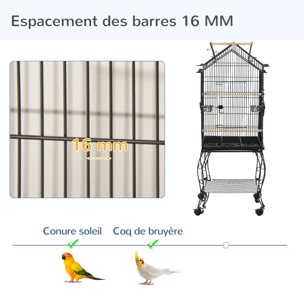 Cage à oiseaux sur pied volière avec 2 mangeoires perchoirs plateau amovible poignée et roulettes - 50 x 58 x 137-145 cm noir