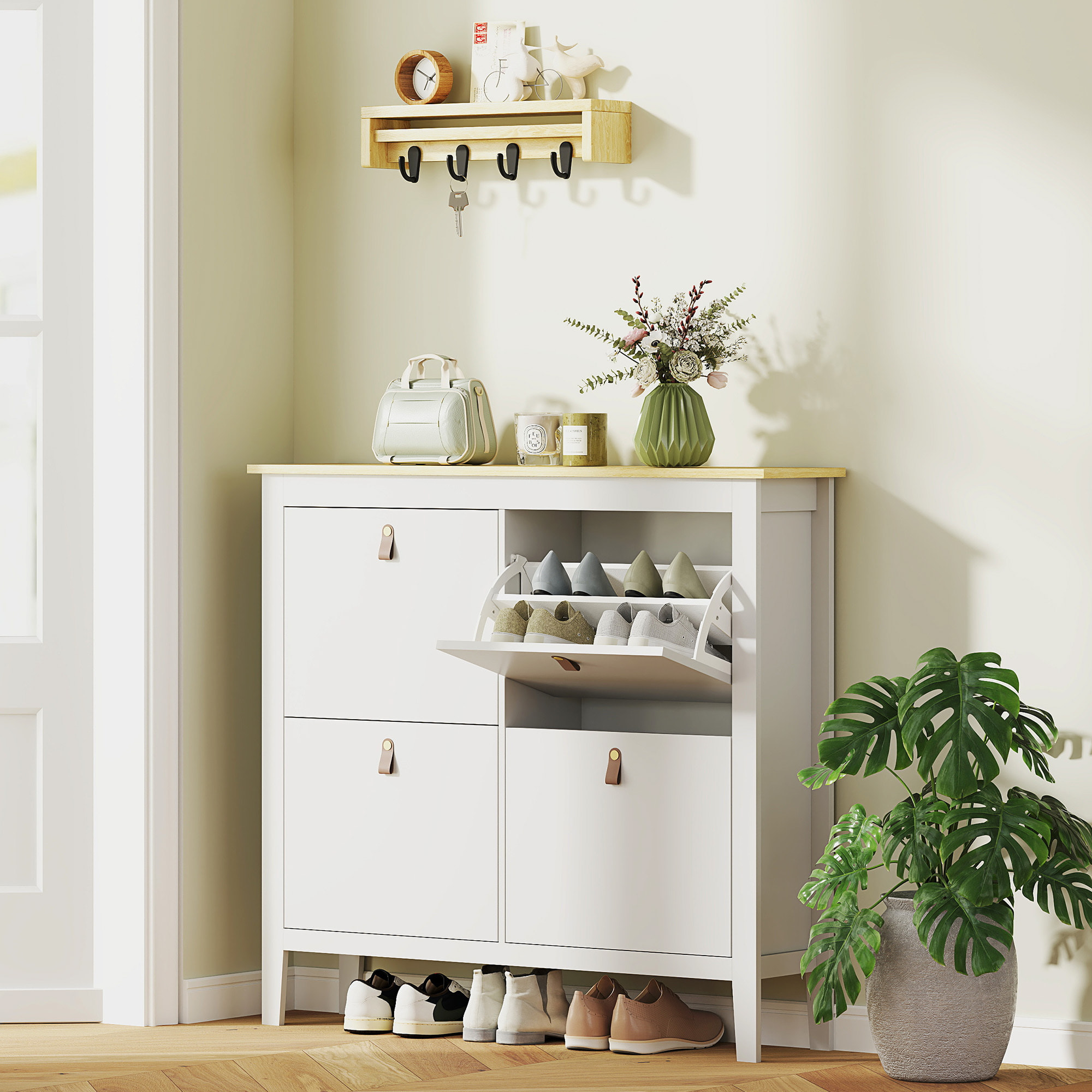 Mueble Zapatero Estrecho Zapatero Entrada Recibidor con 4 Cajones Abatibles Estantes Ajustables y Tiradores de PU para 20 Pares de Zapatos para Pasillo 105x24x95,5 cm Blanco