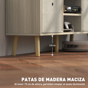 Mueble de TV, Mesa de TV con 2 Cajones de Tela, 2 Estantes Abiertos, Orificios para Cables, para Televisores hasta 50 Pulgadas, Largo de 110 cm, para Salón, Dormitorio, Madera y Beige