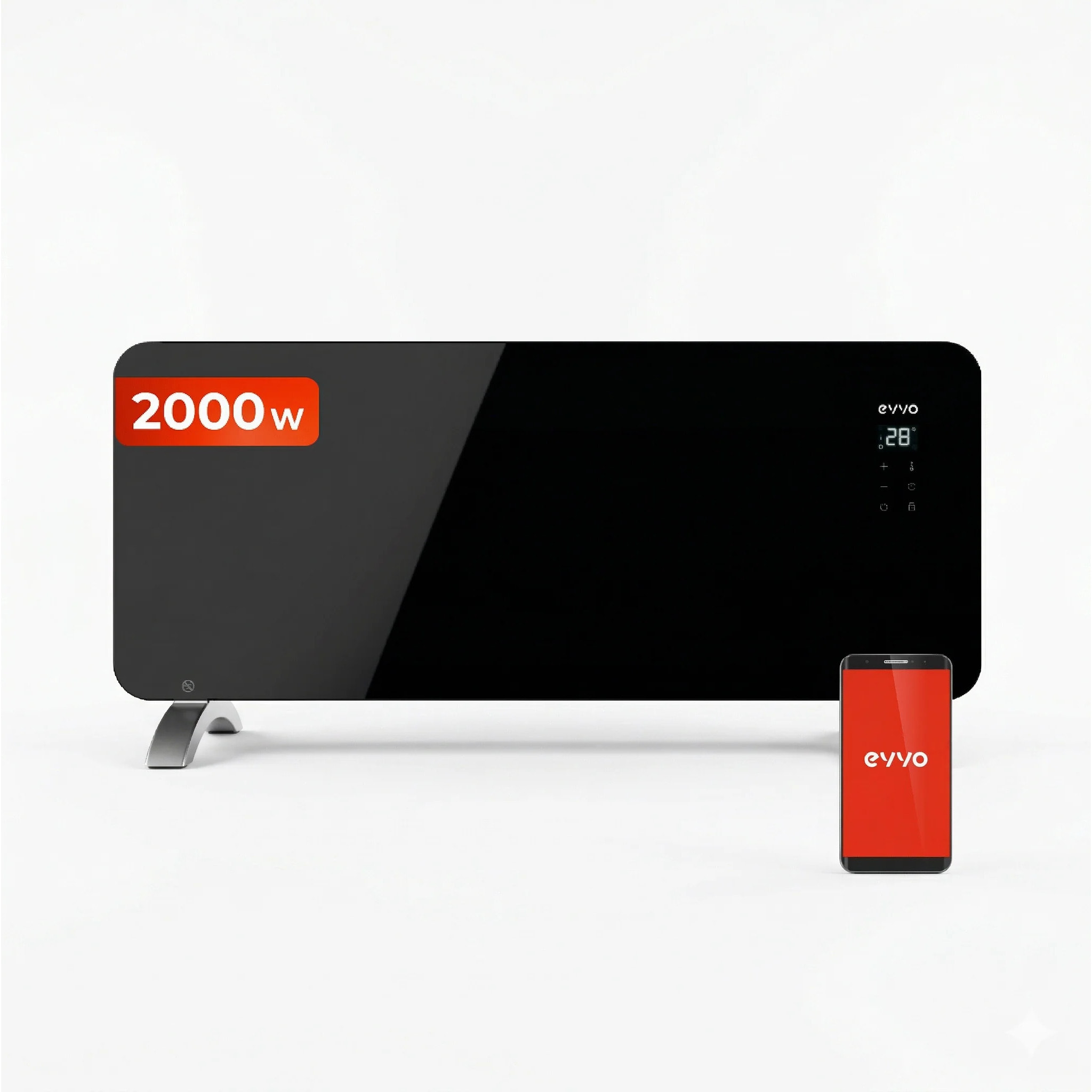 Radiador eléctrico EVVO C2000 Cristal, WiFi, 2.000 W, pantalla táctil, mando, temporizador, soporte de pie, silencioso