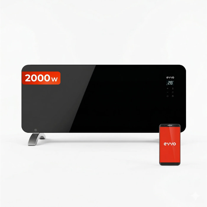 Radiador eléctrico EVVO C2000 Cristal, WiFi, 2.000 W, pantalla táctil, mando, temporizador, soporte de pie, silencioso