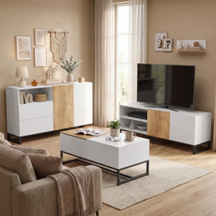 Aparador de 2 Puertas, Aparador de Salón Estrecho con 2 Cajones, Compartimento Abierto, Armario de Cocina con Estante Ajustable, para Entrada, Dormitorio, 140x40x85 cm, Blanco y Roble