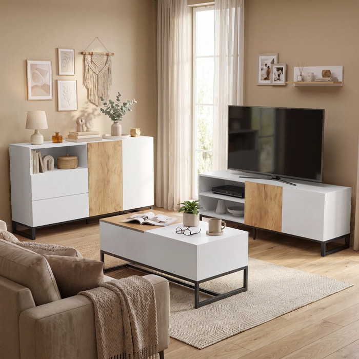 Aparador de 2 Puertas, Aparador de Salón Estrecho con 2 Cajones, Compartimento Abierto, Armario de Cocina con Estante Ajustable, para Entrada, Dormitorio, 140x40x85 cm, Blanco y Roble