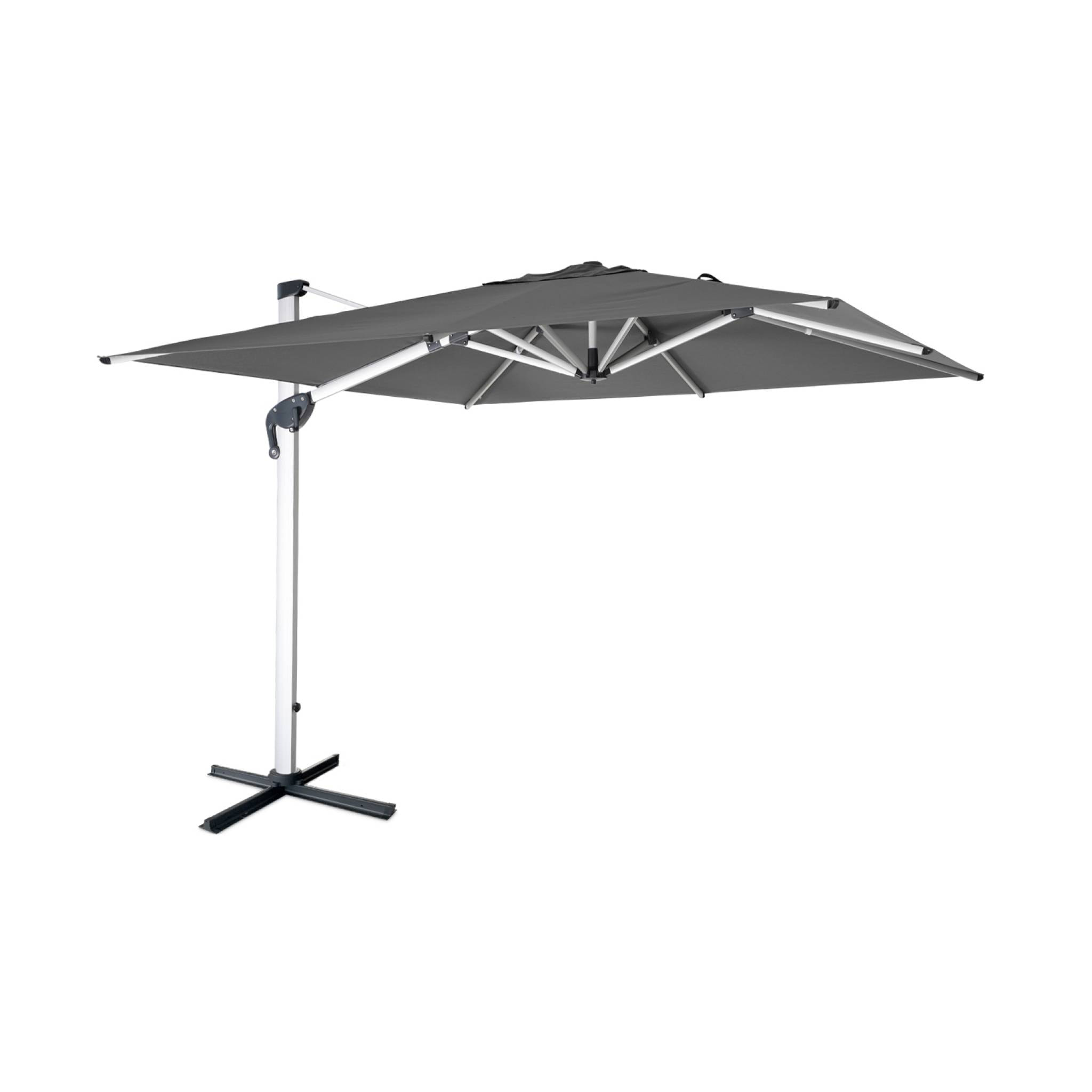 Parasol déporté haut de gamme 3x3m gris. toile en polyester teintée dans la masse. structure aluminium anodisé. housse incluse