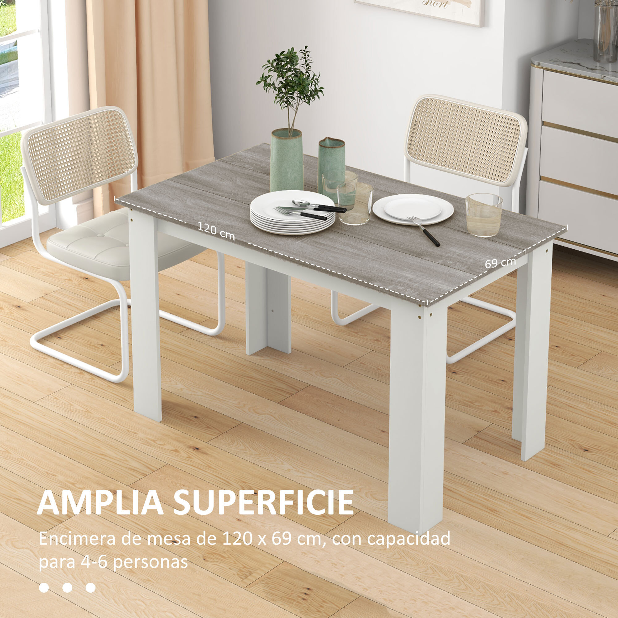 Mesa de Comedor para 4-6 Personas Mesa de Cocina Rectangular Estilo Moderno Carga 50 kg 120x69x75 cm Gris y Blanco