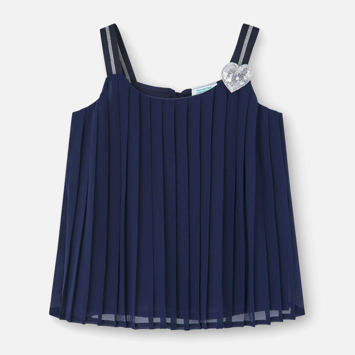 Top plisado, gasa niña, tirantes, cierre botón, azul marino