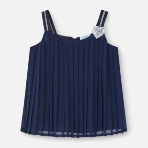 Top plisado, gasa niña, tirantes, cierre botón, azul marino