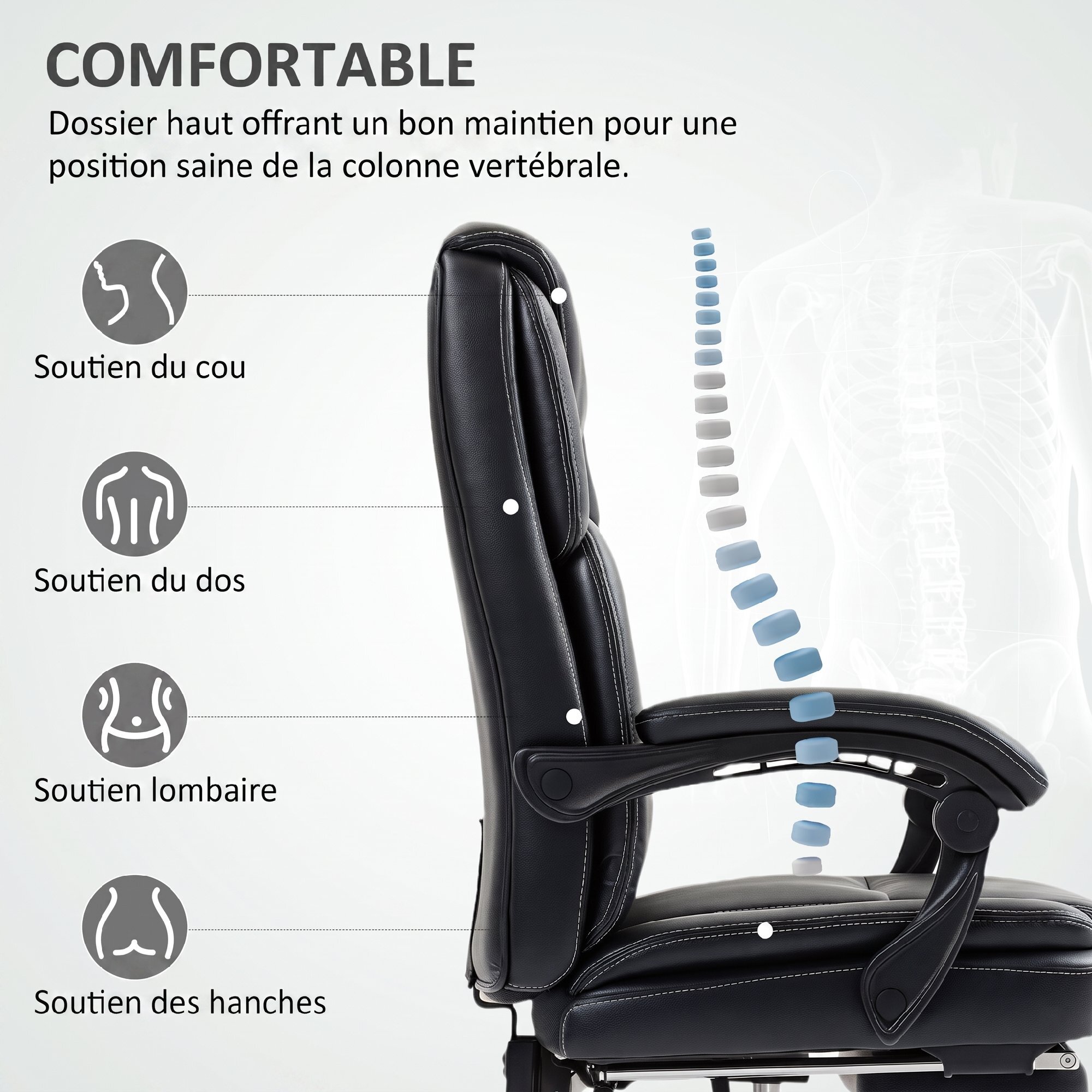 Fauteuil de bureau manager inclinable repose-pieds rétractable synthétique noir