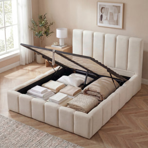 Lit Coffre Madeleine en tissu Beige, Grand espace de Rangement, Tête de lit rembourrée, Lattes actives, Vérins Hydrauliques, Design Élégant