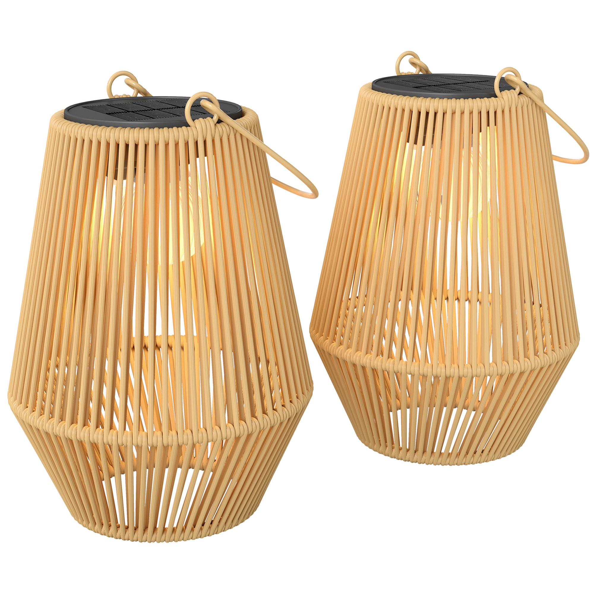 Set de 2 Farolillos Solares Exterior, Linternas de Jardín de Ratán Colgantes con Encendido y Apagado Automático, IP44, Asa, Lámparas para Terraza, Balcón, Patio, 16x16x21 cm, Marrón