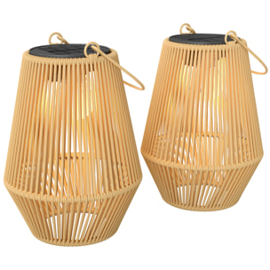 Set de 2 Farolillos Solares Exterior, Linternas de Jardín de Ratán Colgantes con Encendido y Apagado Automático, IP44, Asa, Lámparas para Terraza, Balcón, Patio, 16x16x21 cm, Marrón
