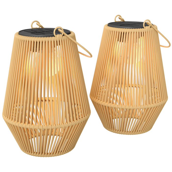 Set de 2 Farolillos Solares Exterior, Linternas de Jardín de Ratán Colgantes con Encendido y Apagado Automático, IP44, Asa, Lámparas para Terraza, Balcón, Patio, 16x16x21 cm, Marrón