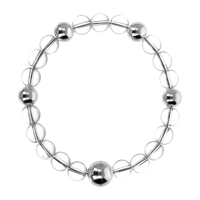 Bracciale di Sfere Argentate e in Pietra Naturale Quarzo Cristallo in Argento 925 placcato Rodio