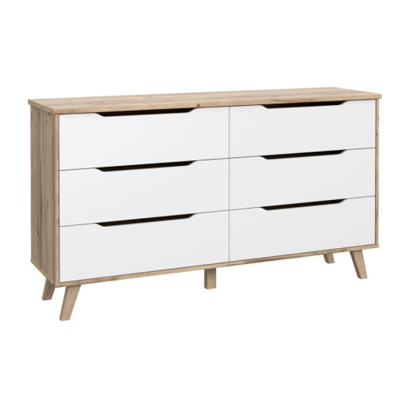 Commode 6 tiroirs effet bois chêne naturel et blanc mat - WANDA