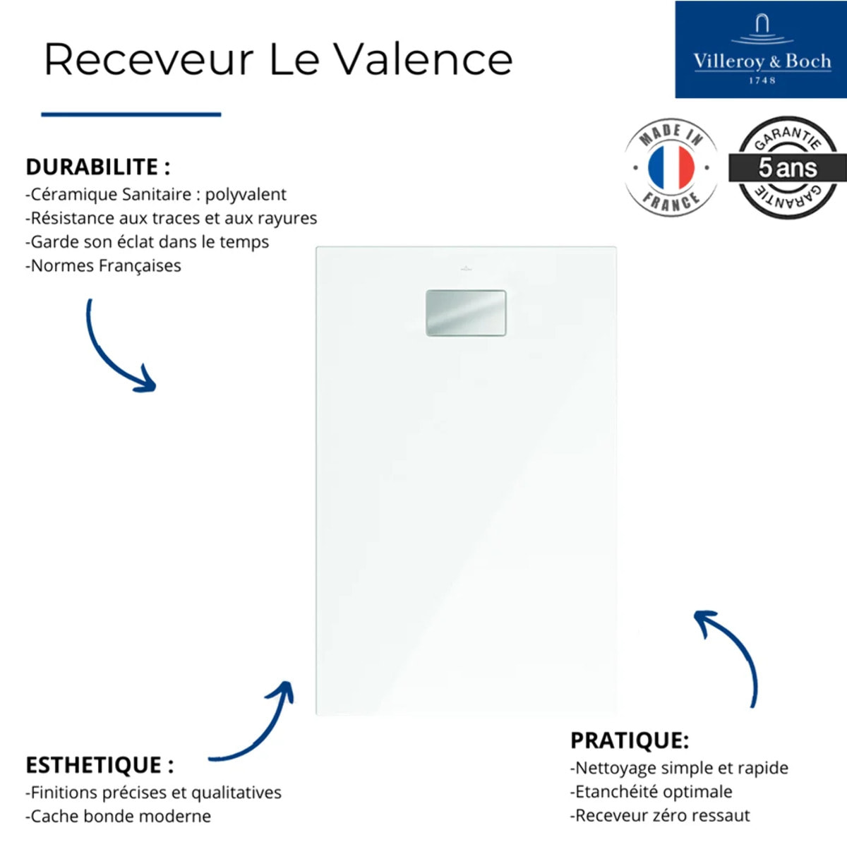 Receveur zero ressaut VILLEROY ET BOCH Le Valence blanc céramique avec cache-bonde