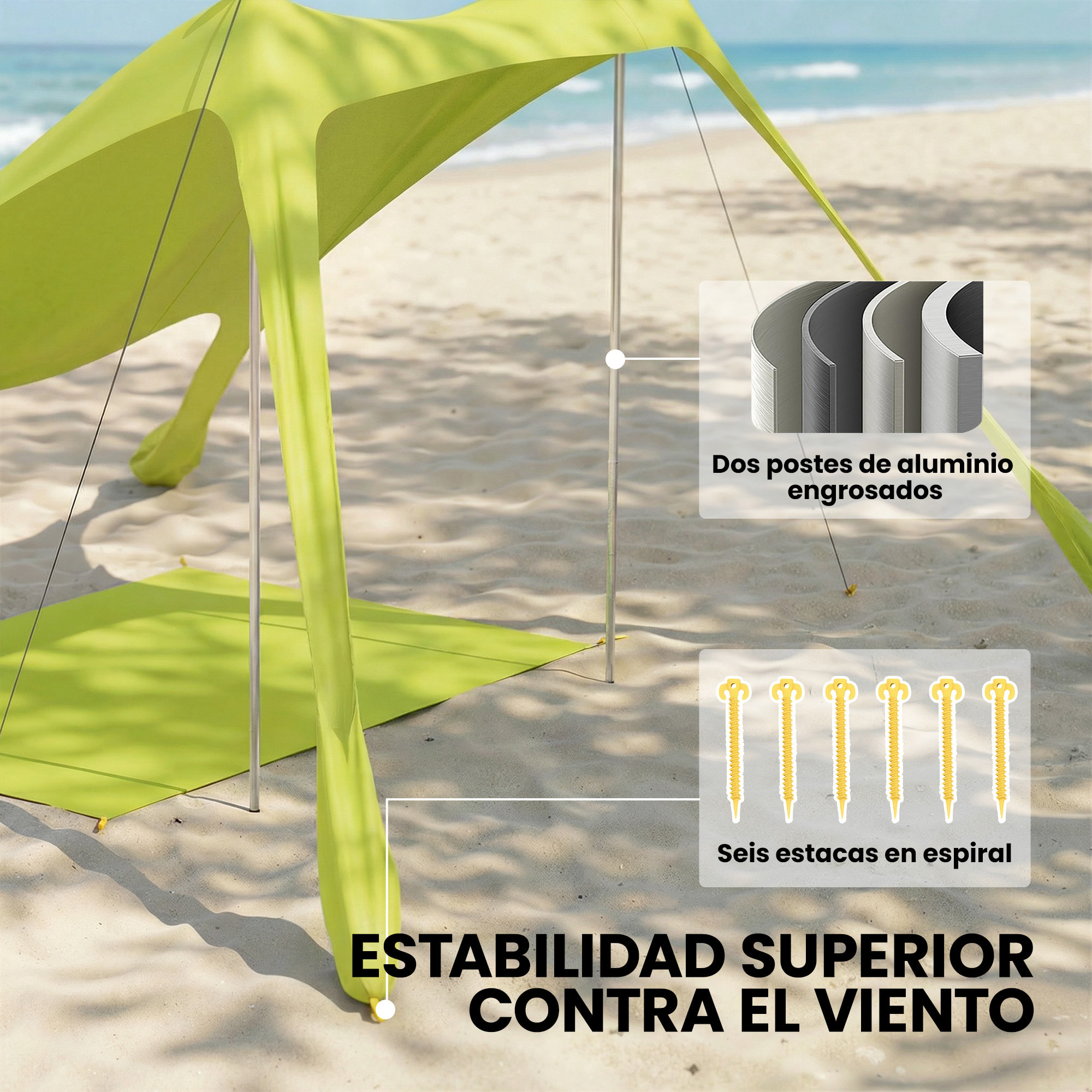 Carpa Playa Plegable 208x200 cm, Toldo Playa Portátil para 2-4 Personas con Esterilla, UPF50+, Postes de Aluminio, Pala, Estacas y Bolsa de Transporte Impermeable, para Camping, Pesca, Verde