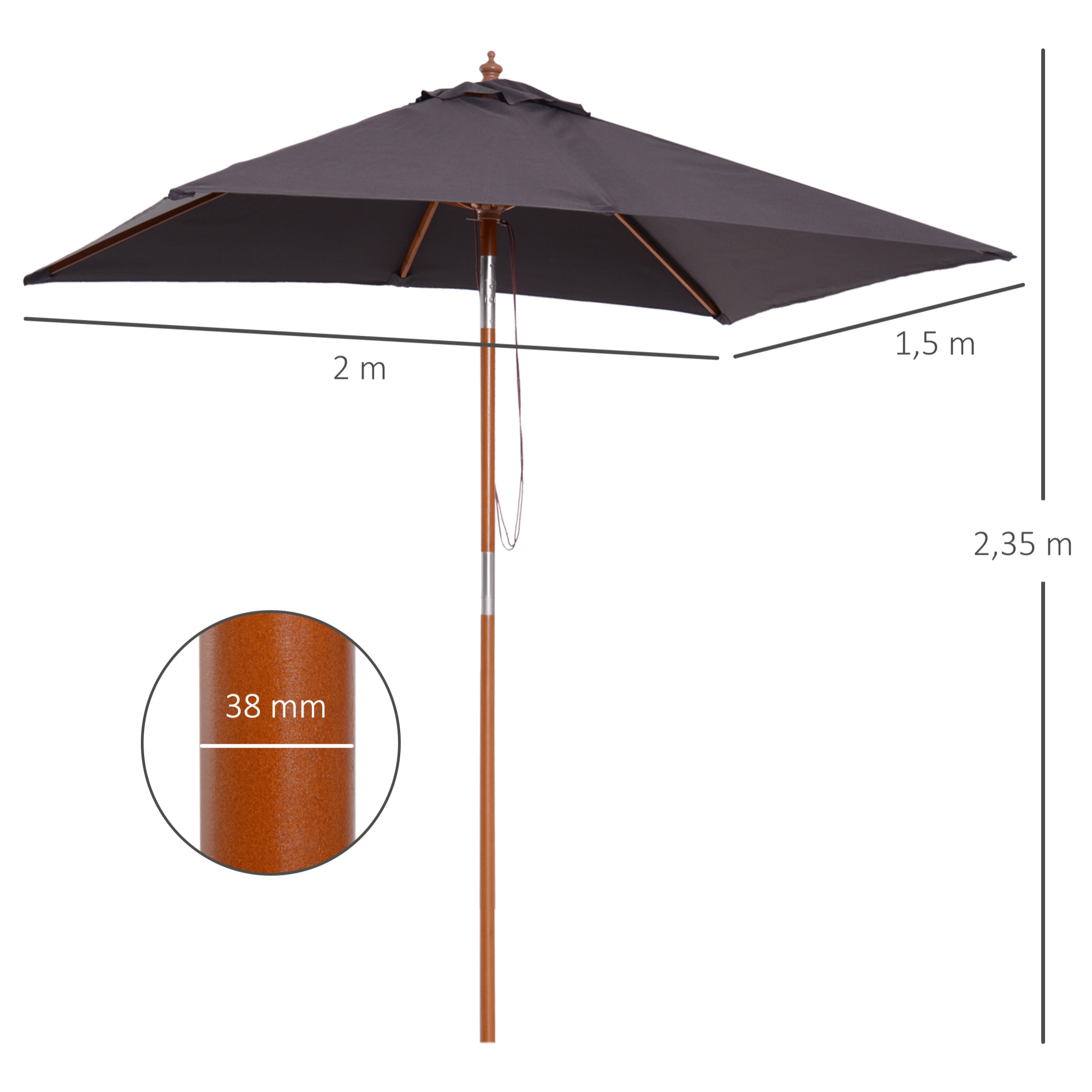 Sombrilla Terraza Exterior 200x150 cm Sombrilla de Jardín Rectangular con Ángulo Ajustable Mástil de Madera y Manivela Parasol para Patio Terraza Gris Oscuro