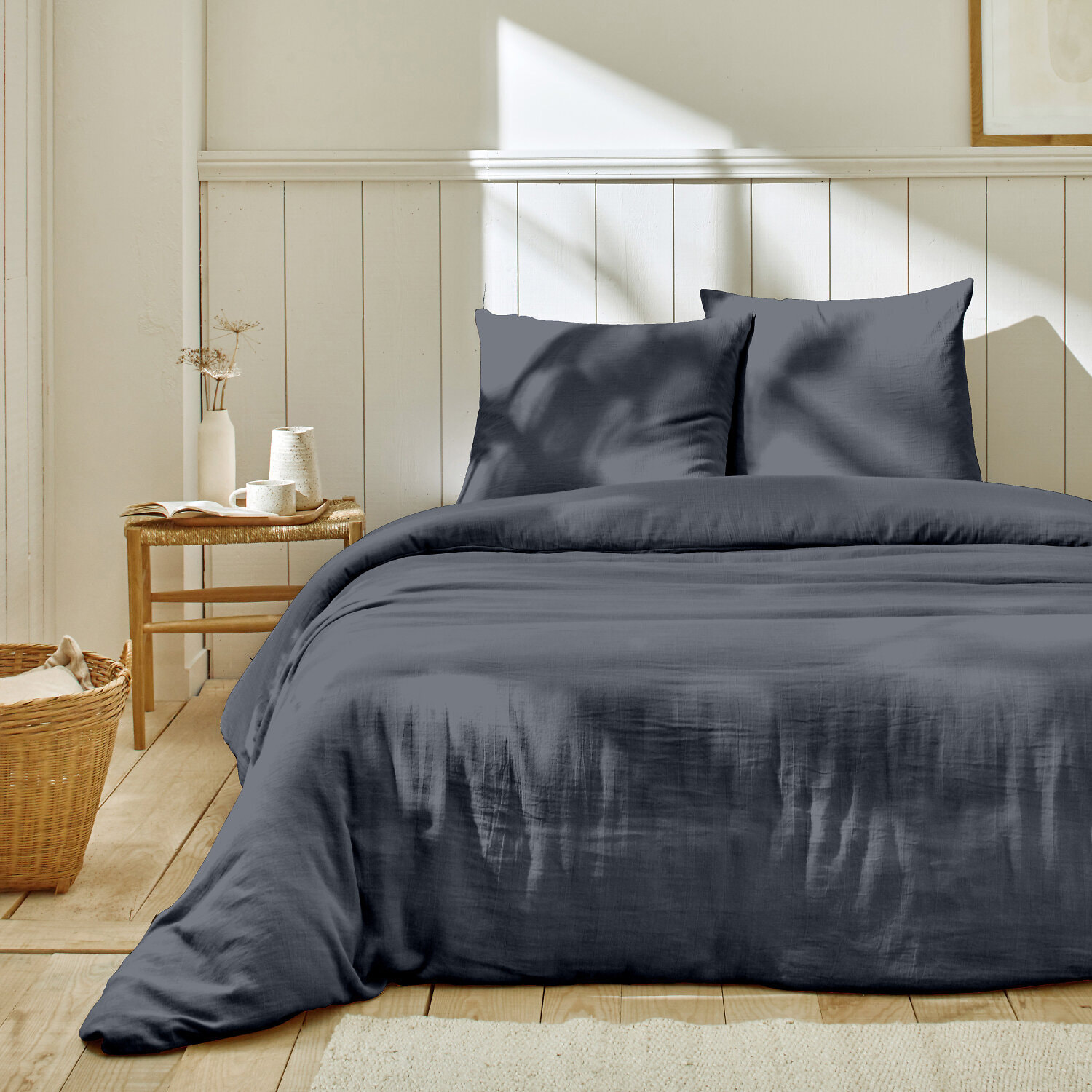 Parure housse de couette 3pcs unie 100% gaze de coton - bleu jean