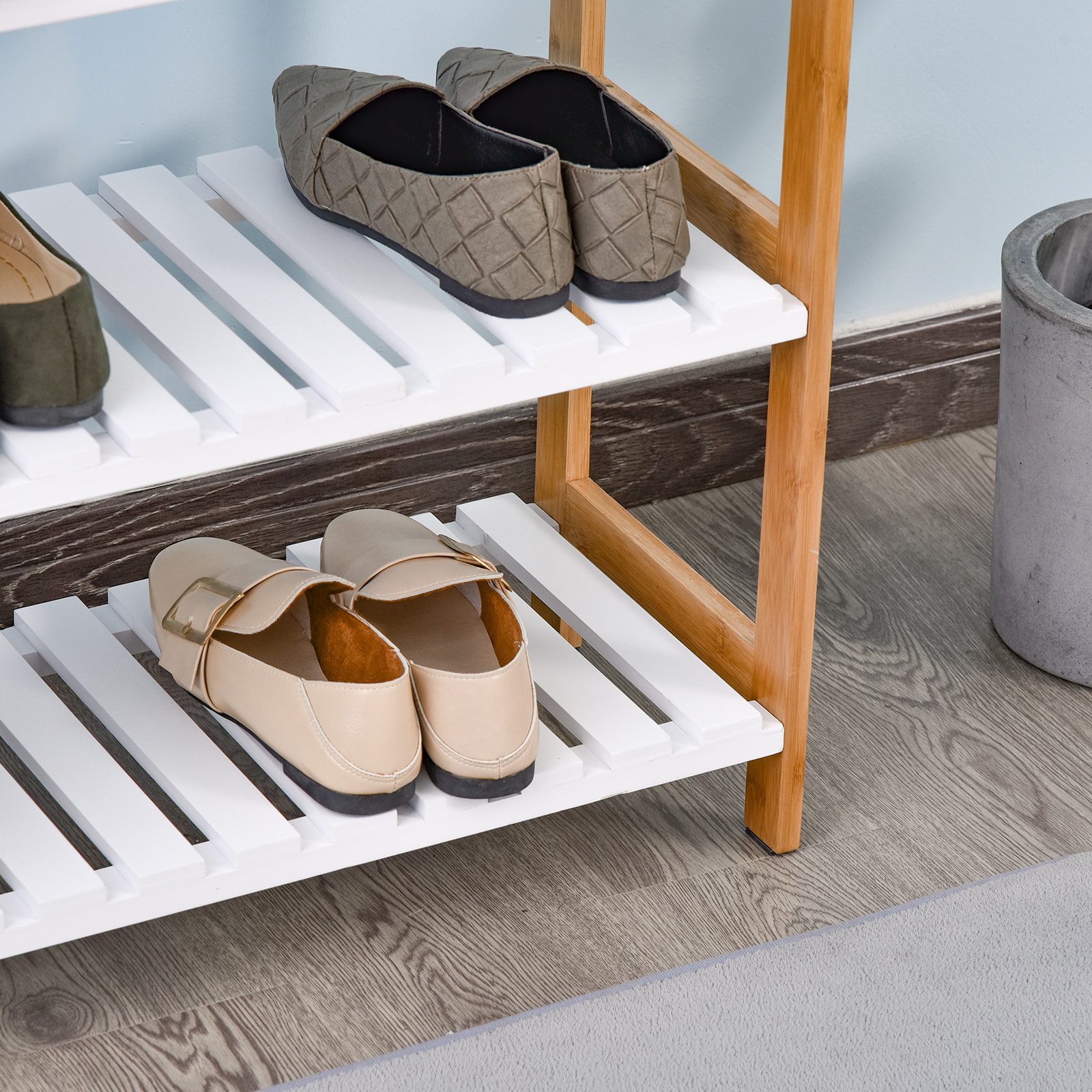 Etagère à chaussures, étagère de rangement, meuble chaussures 3 niveaux bambou MDF blanc