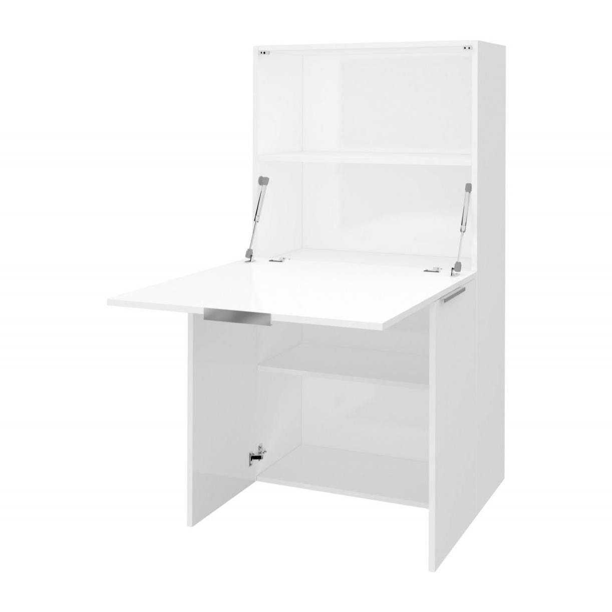 Scrivania con piano nascosto, Made in Italy, Mobile con scaffali e piano da lavoro, Armadio salvaspazio, cm 70x35h140, colore Bianco lucido