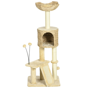 Arbre à chat style cosy chic griffoirs grattoir sisal naturel équipement multiple peluche jacinthe d'eau beige