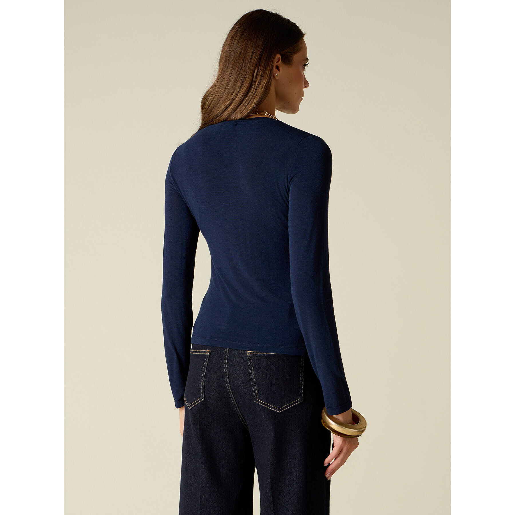 Oltre - T-shirt scollo a V misto cashmere - Blu