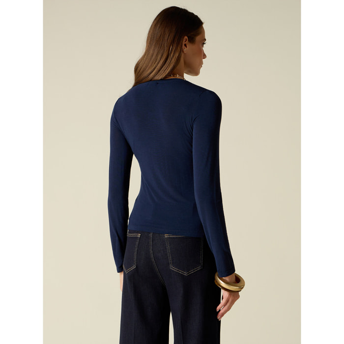 Oltre - T-shirt scollo a V misto cashmere - Blu
