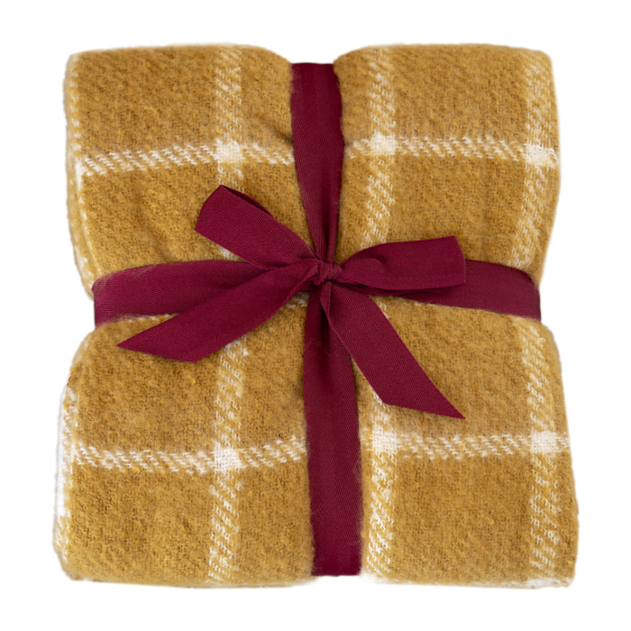 Plaid à carreaux aspect mohair avec franges - Jaune Ocre