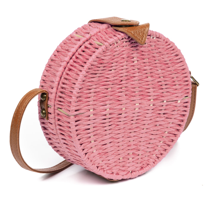IRIA QUINTANA Borsa a tracolla da donna Cuneo. Tessuto Paglia Pelle Sintetica PU 18x4x18 Cm. Colore: rosa chiaro