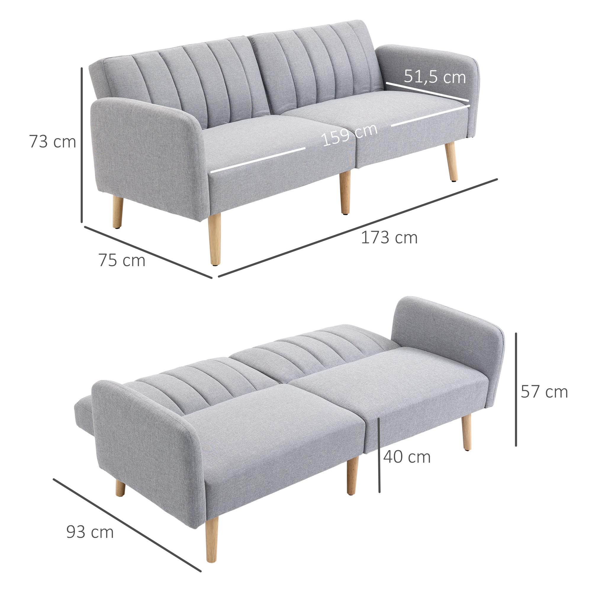 Canapé convertible 2 places design scandinave dossier inclinable 3 positions pieds bois tissu aspect lin gris