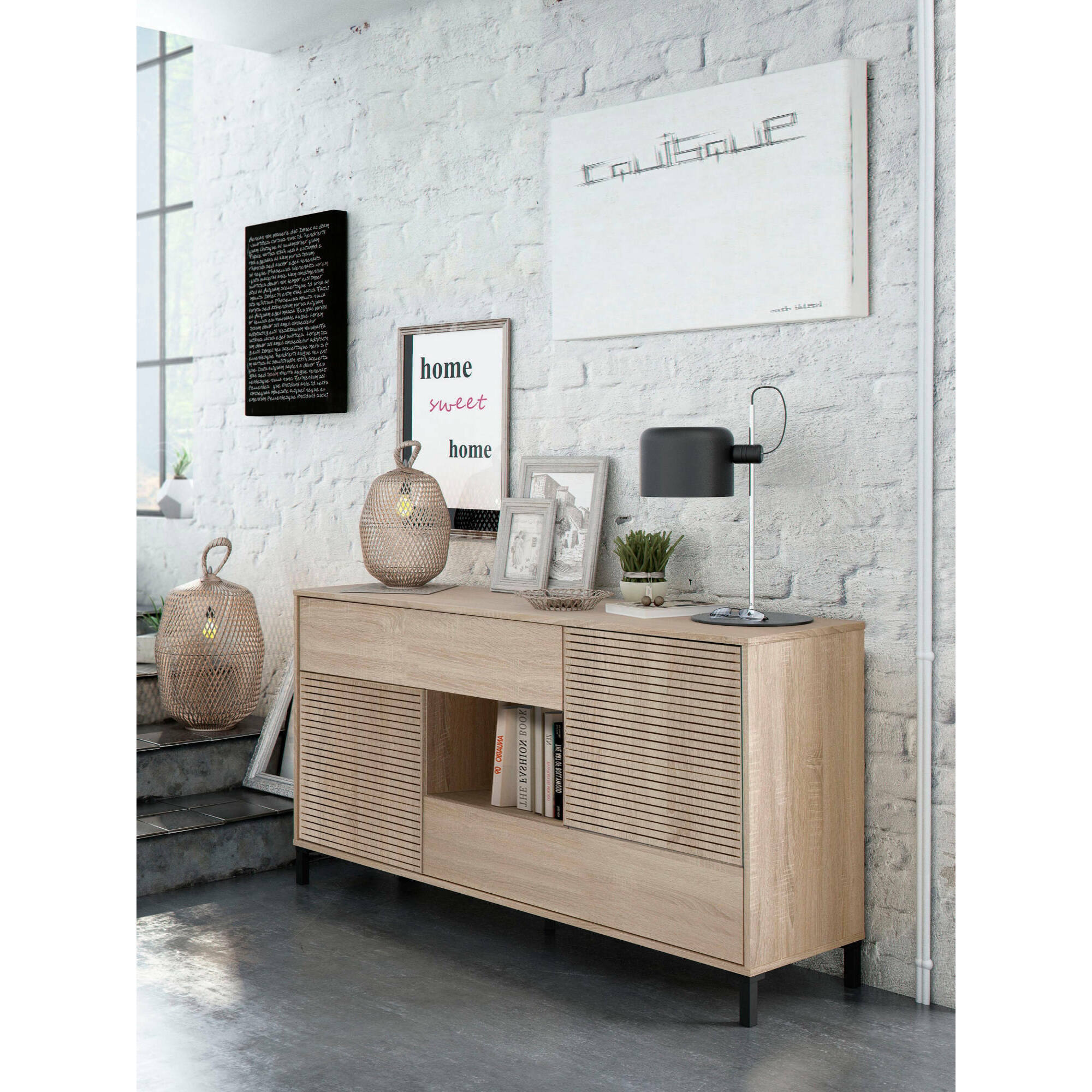 Credenza Waco, Madia moderna a 2 ante, Buffet da soggiorno, Mobile porta TV, Madia con piedini per salotto, cm 151x41h80, Rovere