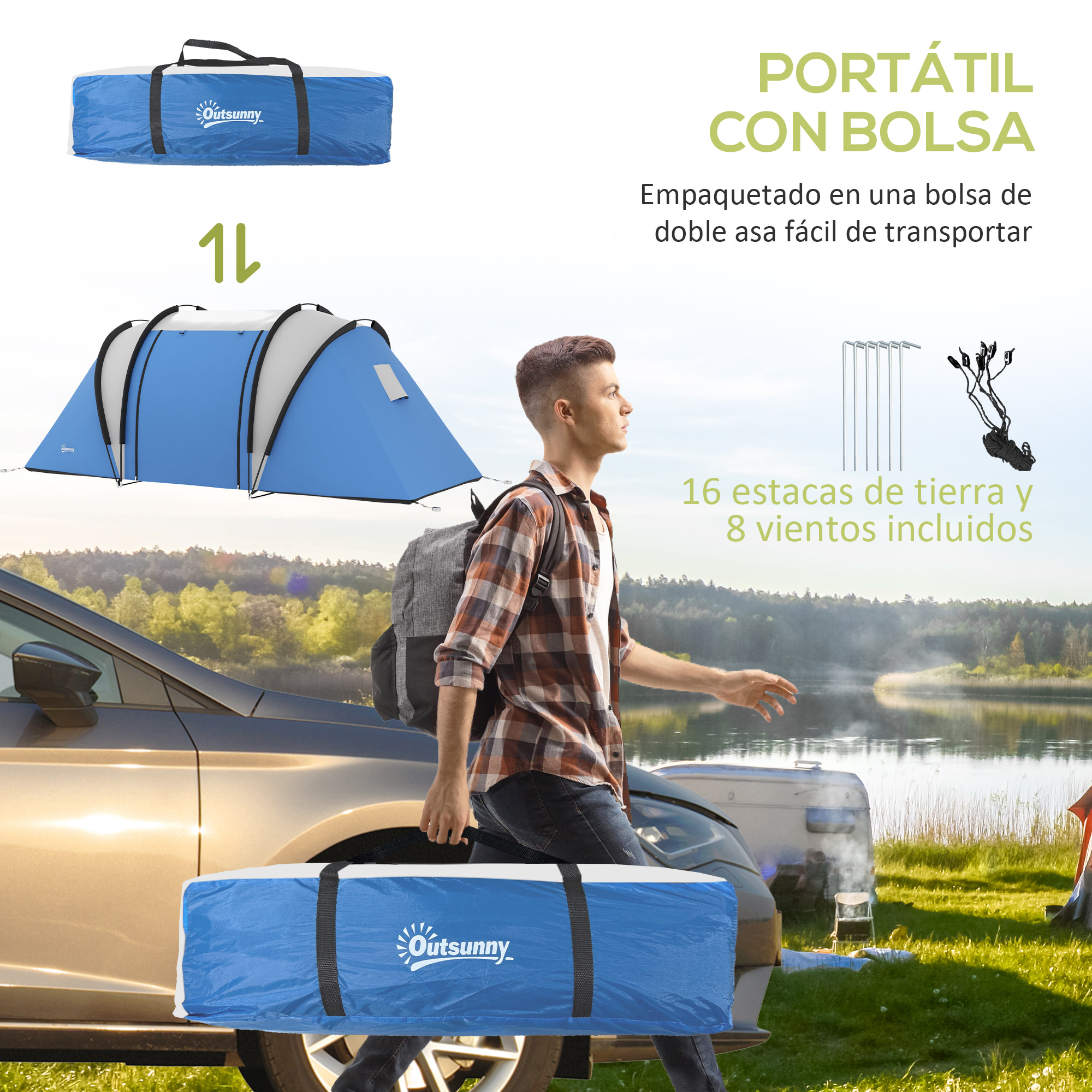 Tienda de Campaña Familiar para 4-5 Personas Tienda de Acampada de Túnel Impermeable 3000 mm con 2 Dormitorios Bolsa de Transporte y Gancho para Pescar Senderismo Azul