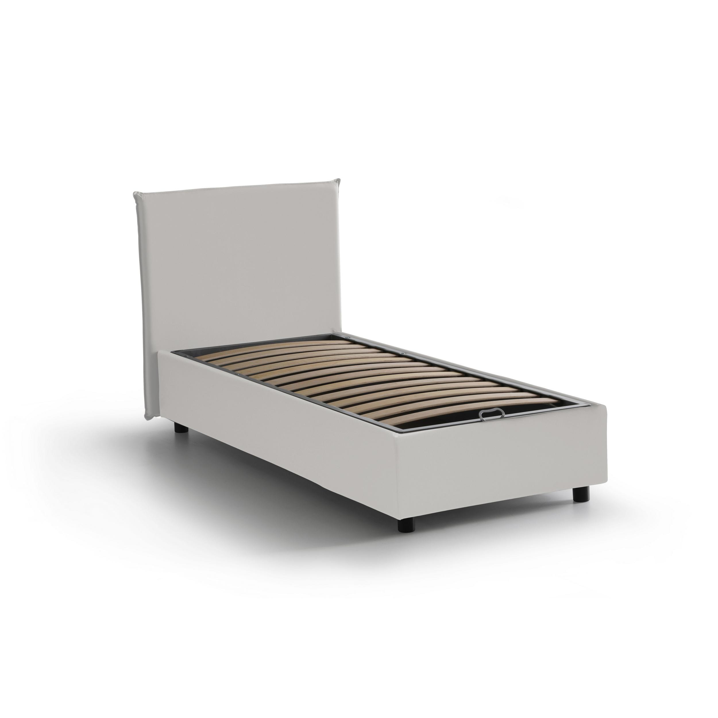 Letto singolo Christine, Letto contenitore con rivestimento in ecopelle, 100% Made in Italy, Apertura frontale, adatto per materasso Cm 90x200, Bianco