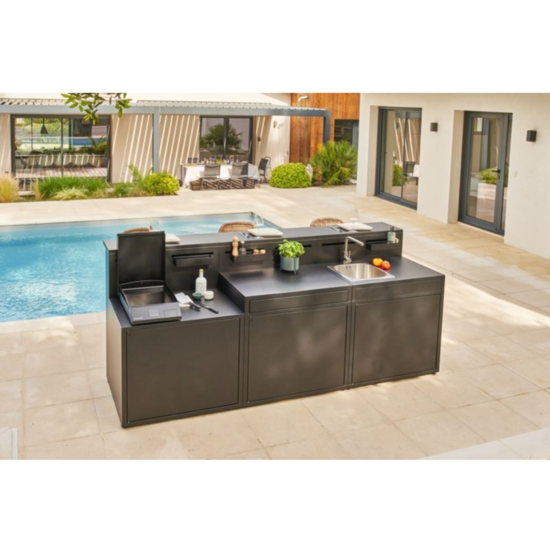 Meuble de cuisine extérieure FORGE ADOUR SPAF CBN meube pour plancha, porte rangement, pieds réglables, largeur 90 cm