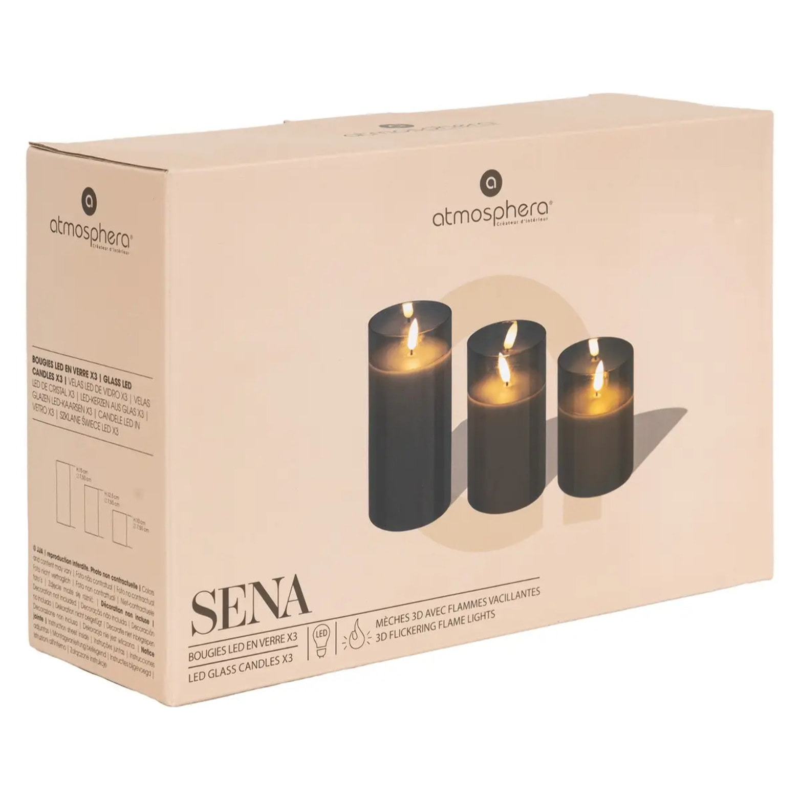 Coffret 3 bougies LED Sena noir H10/12/15cm