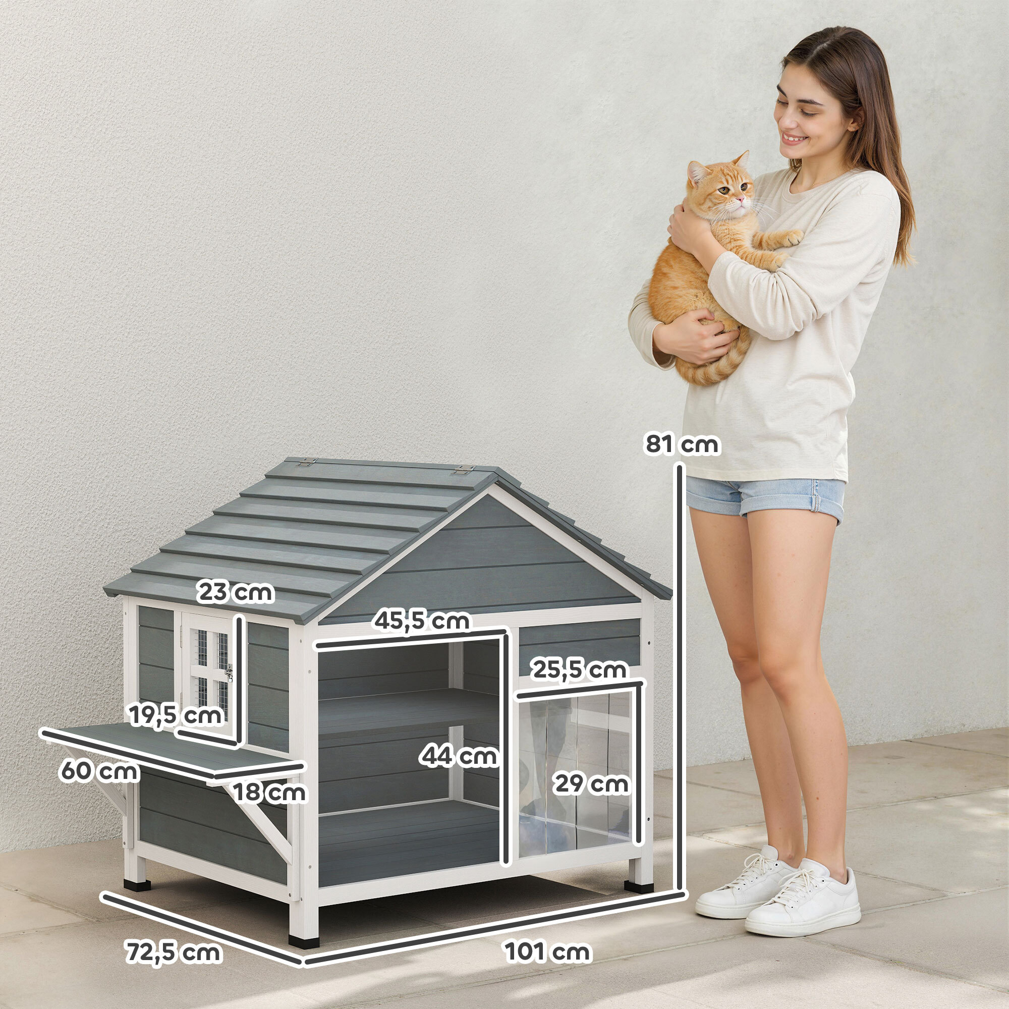 Niche maison pour chat bois - fenêtre verrouillable, étagères, portes, toit ouvrant - blanc gris