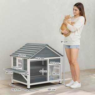 Niche maison pour chat bois - fenêtre verrouillable, étagères, portes, toit ouvrant - blanc gris