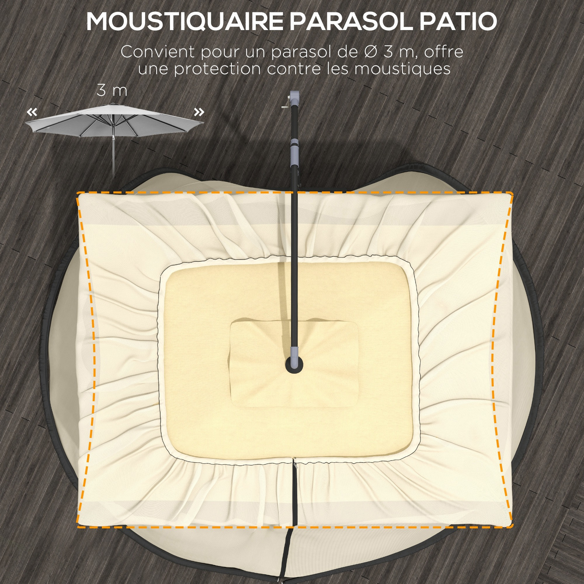 Moustiquaire cylindrique pour parasol 3 m diamètre avec fermeture éclair et lestage beige