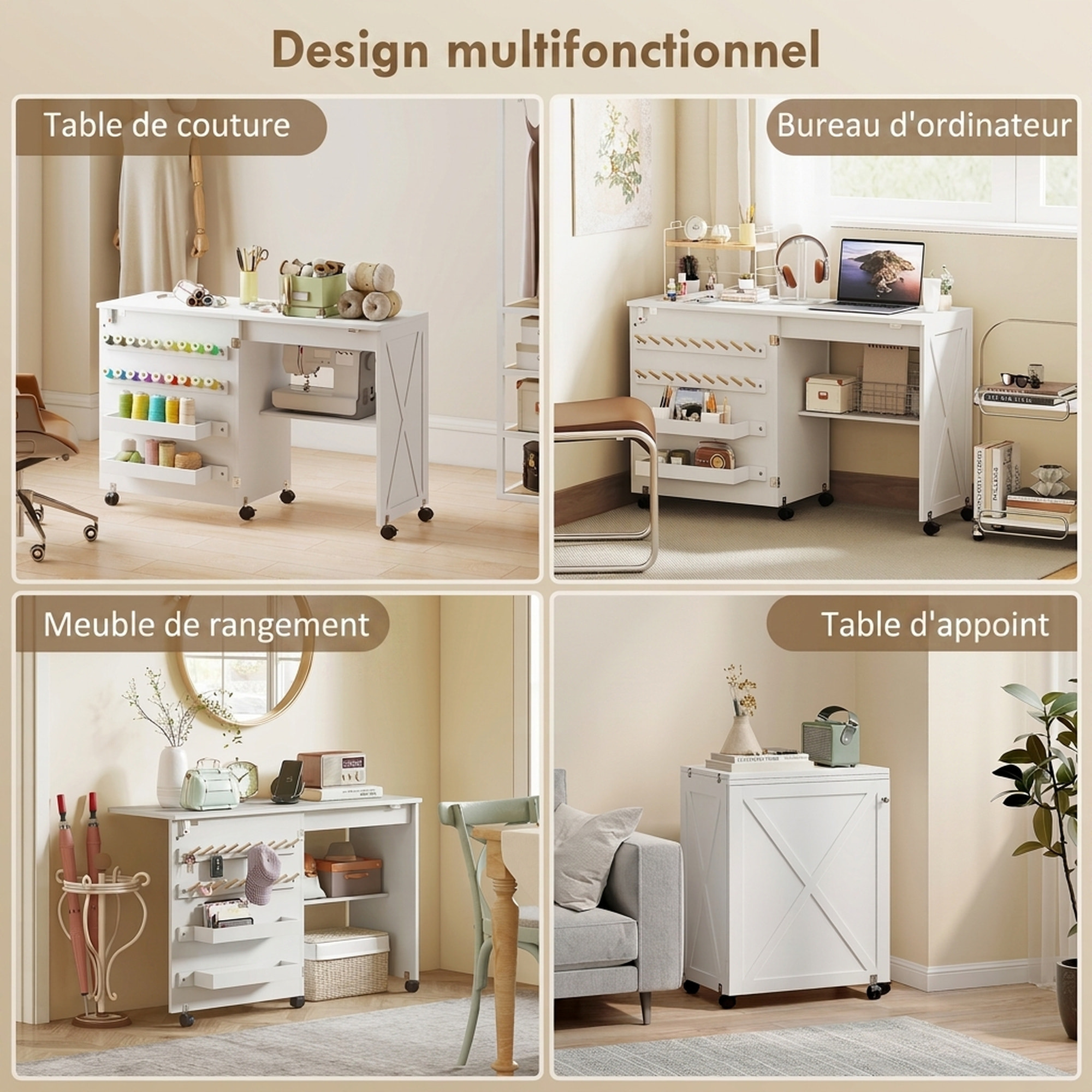 Table de couture pliable mobile 2 bacs 18 porte-bobines étagère blanc