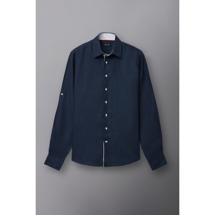 Camicia Uomo 1 Bottone Italiano Lino Unito Blu