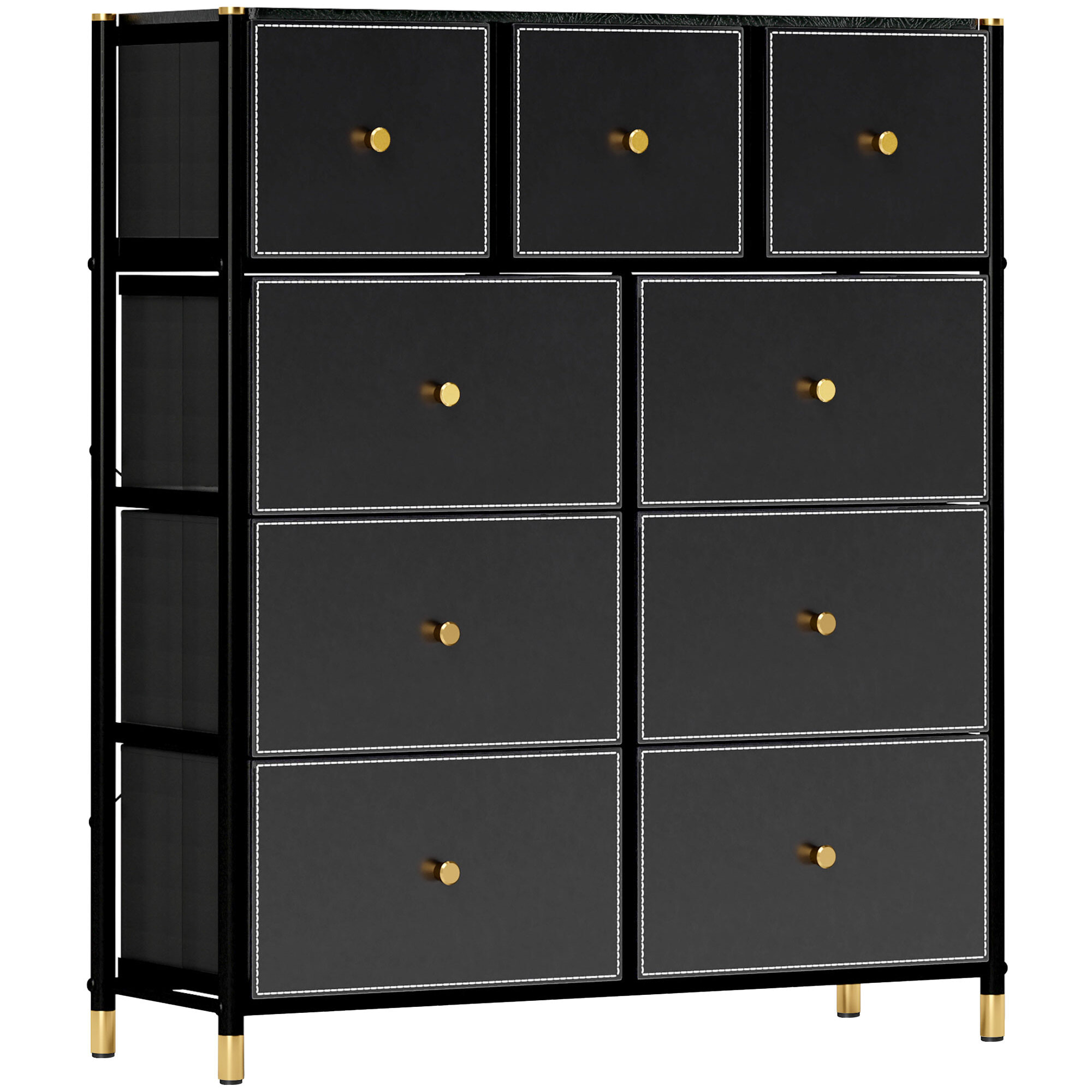 Cómoda para Dormitorio Cajonera de Tela con 9 Cajones Plegables con Frentes de PU y Marco de Acero Cajonera para Dormitorio Salón Negro