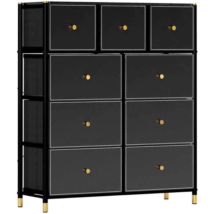 Cómoda para Dormitorio Cajonera de Tela con 9 Cajones Plegables con Frentes de PU y Marco de Acero Cajonera para Dormitorio Salón Negro