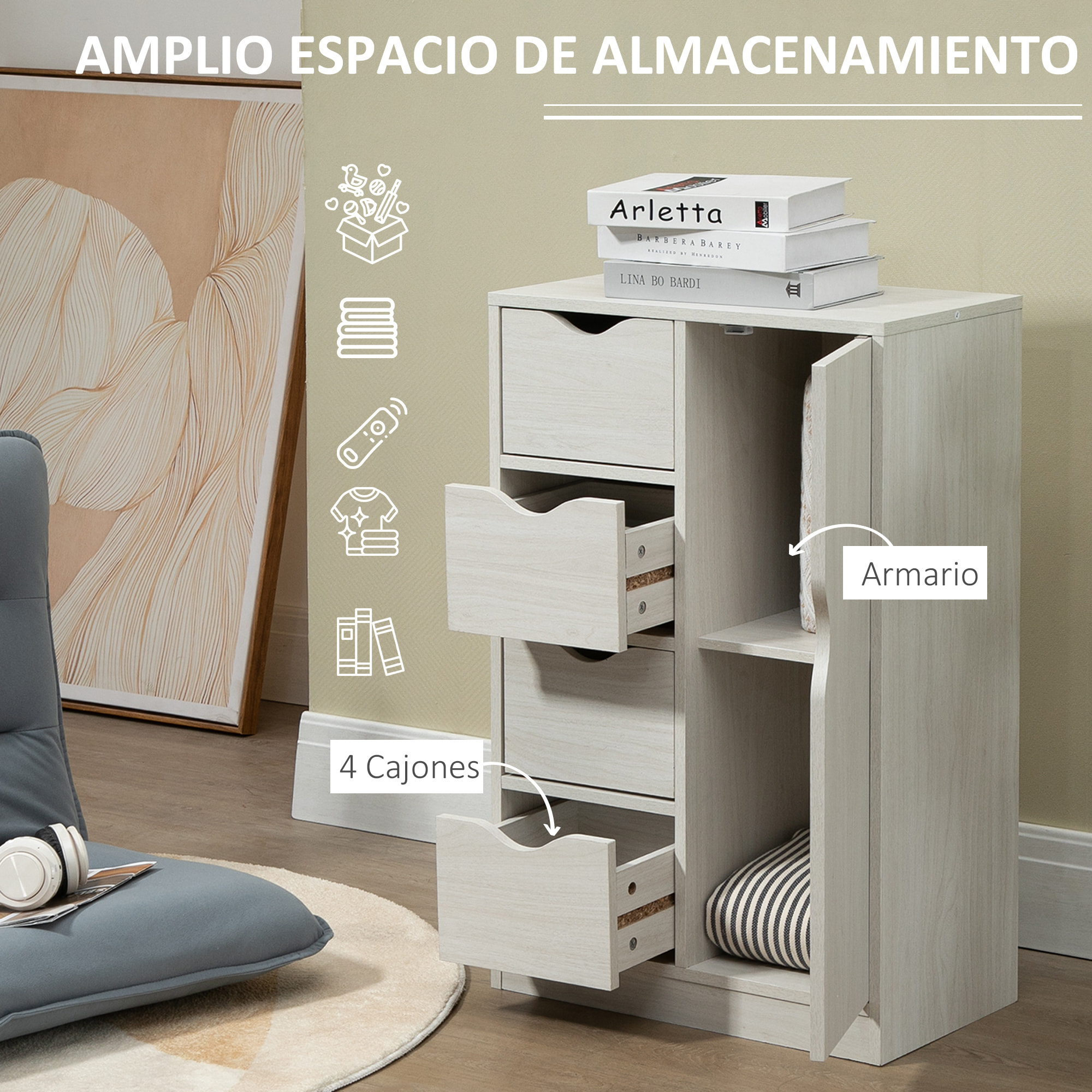 Armario de Salón Aparador Auxiliar con 4 Cajones 1 Puerta y Estante Interior Mueble de Almacenaje Multiusos para Baño Dormitorio Comedor 54x29x83 cm Blanco con Grano de Madera